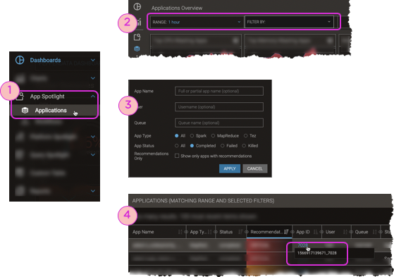 Screenshots of steps to finding an application's ID
