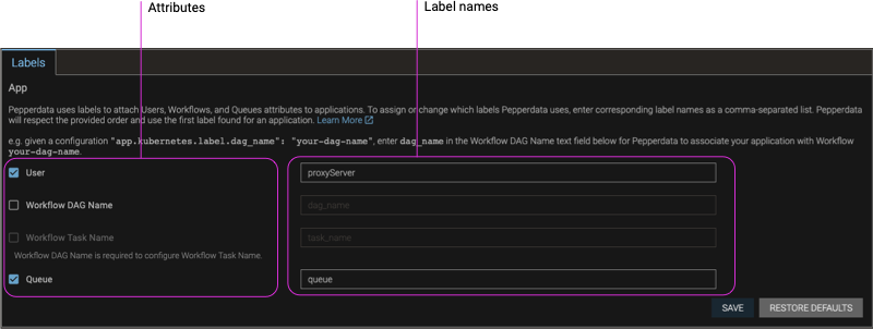 Screenshot of the Labels tab in the Cluster Config page