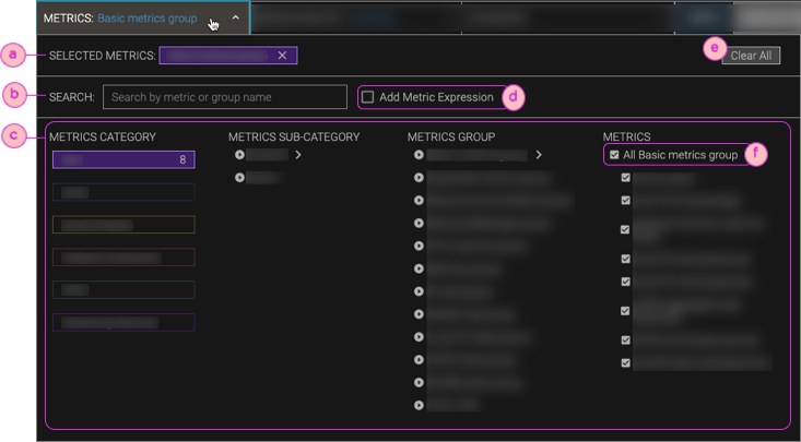 Screnshot of the Metrics filter bar options