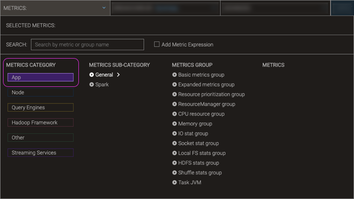 Screnshot of **App** metrics category in the Charts metrics filter