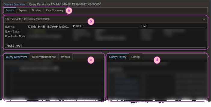 Screenshot of Query Details Page with callouts of its features